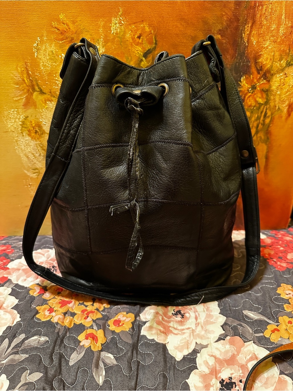 Classic Black Leather Drawstring Bucket Bag made in Italy.